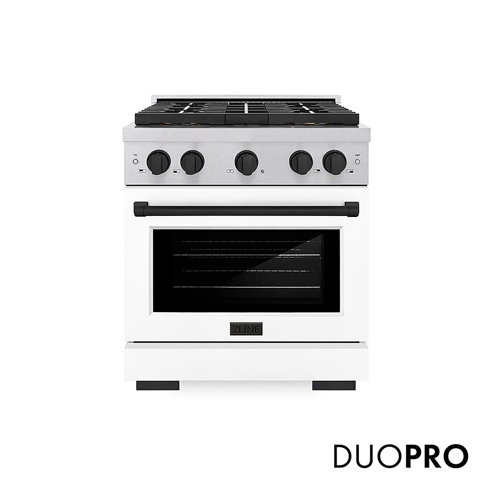 ZLINE Autograph Edition 30 in. 4.2 cu. ft. Paramount Dual Fuel Range with 4 Burner DuoPro™ Cooktop and Electric Convection Oven in Satin Stainless Steel with White Matte Door and Matte Black Accents (PSDRSZ-WM-30-MB)