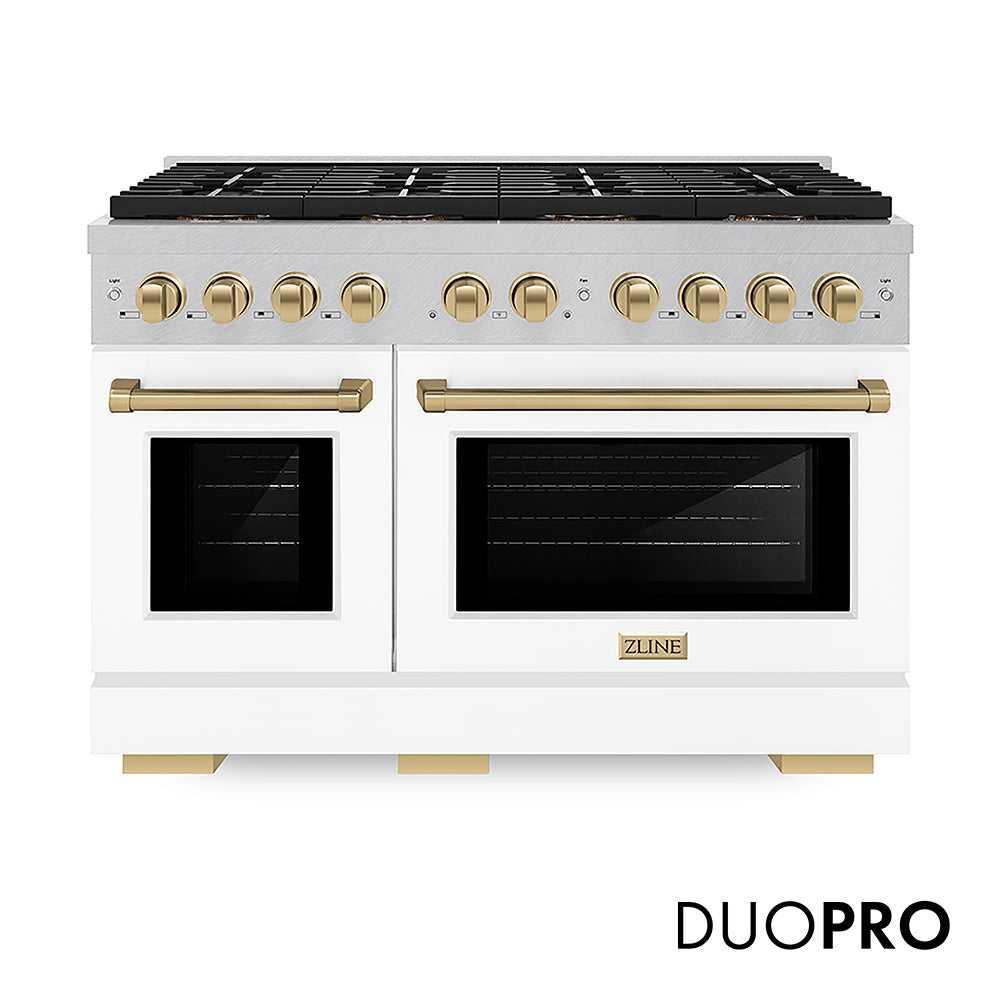 ZLINE Autograph Edition 48 in. 6.7 cu. ft. Paramount Dual Fuel Range with 8 Burner DuoPro™ Cooktop and Dual Ovens in Stainless Steel and Champagne Bronze Accents (PSDRZ-48-CB)