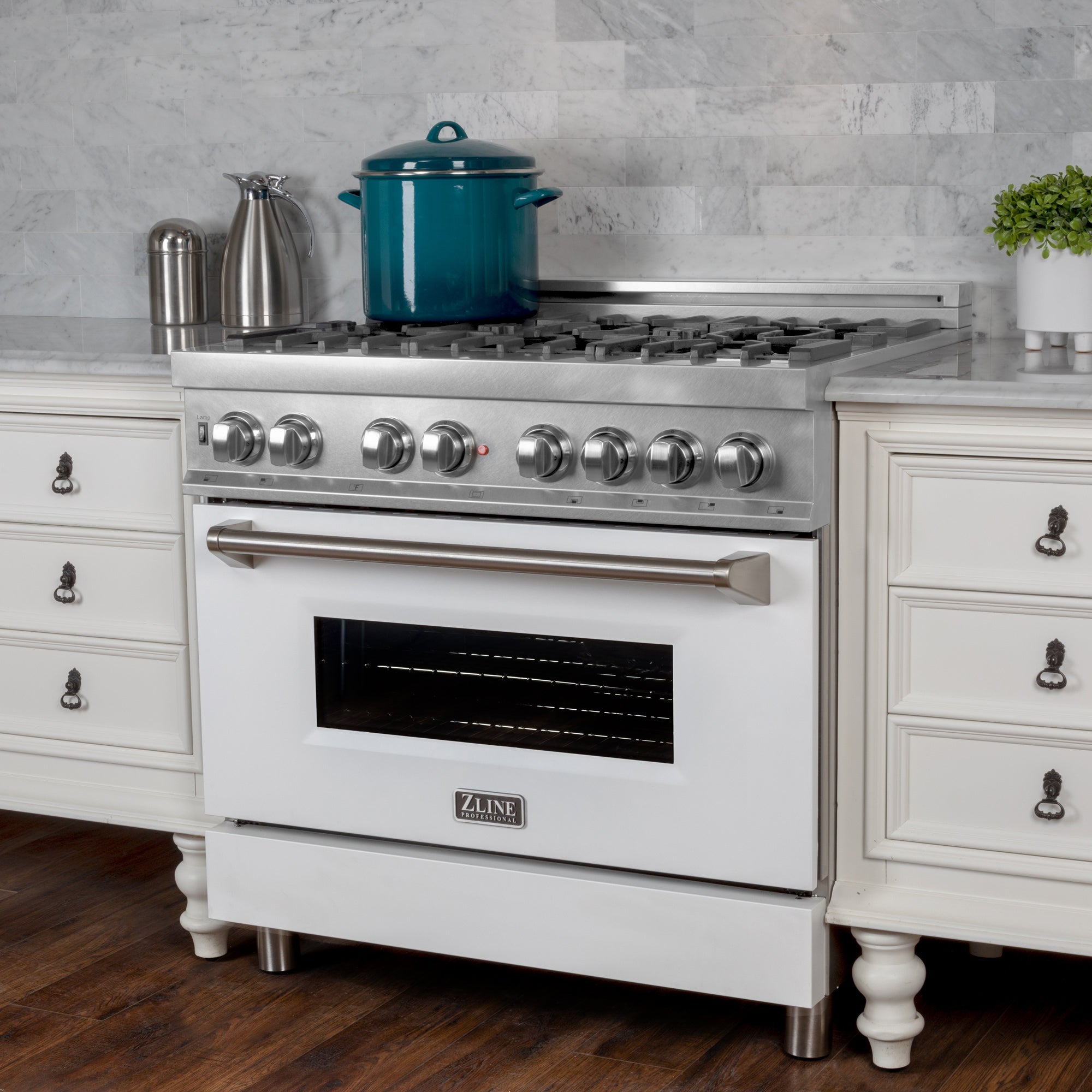 ZLINE 30 in. 4.0 cu. ft. Legacy Dual Fuel Range with 4 Burner Gas Cooktop and Electric Convection Oven in Satin Stainless Steel and White Matte Door (RAS-WM-30)