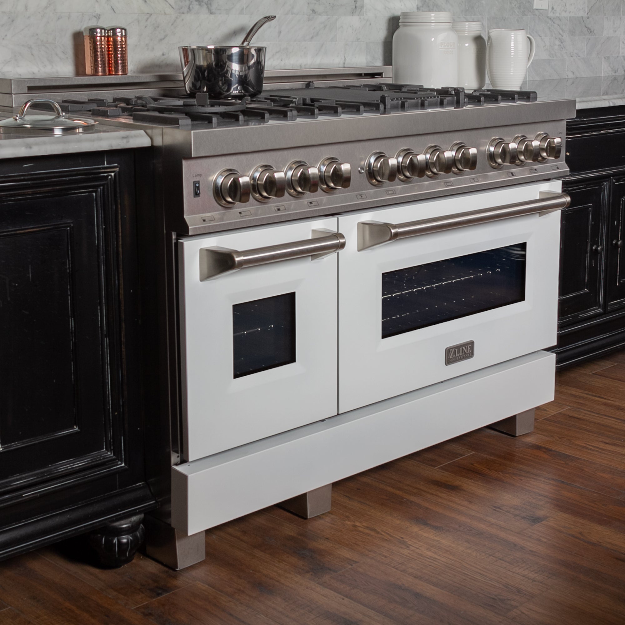 ZLINE 48 in. 6.0 cu. ft. Legacy Dual Fuel Range with 7 Burner Gas Cooktop and 2 Electric Ovens in Satin Stainless Steel and White Matte Doors (RAS-WM-48)