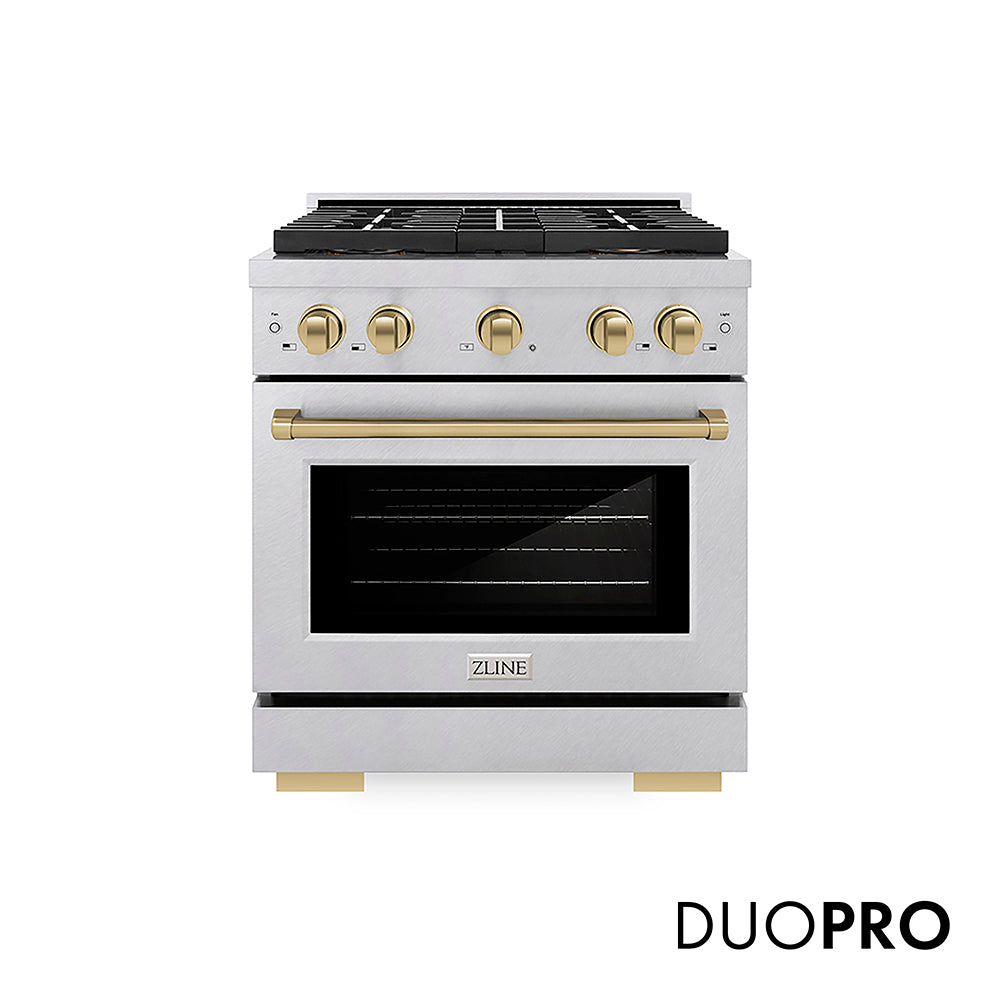 ZLINE Autograph Edition 30 in. 4.2 cu. ft. Paramount Gas Range with 4 Burner DuoPro™ Cooktop and Convection Gas Oven in Satin Stainless Steel and Champagne Bronze Accents (PSGRSZ-30-CB)
