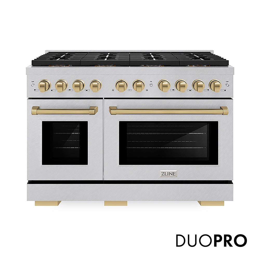 ZLINE Autograph Edition 48 in. 6.7 cu. ft. Paramount Gas Range with 8 Burner DuoPro™ Cooktop and Dual Ovens with White Matte Doors and Matte Black Accents (PSGRZ-WM-48-MB)