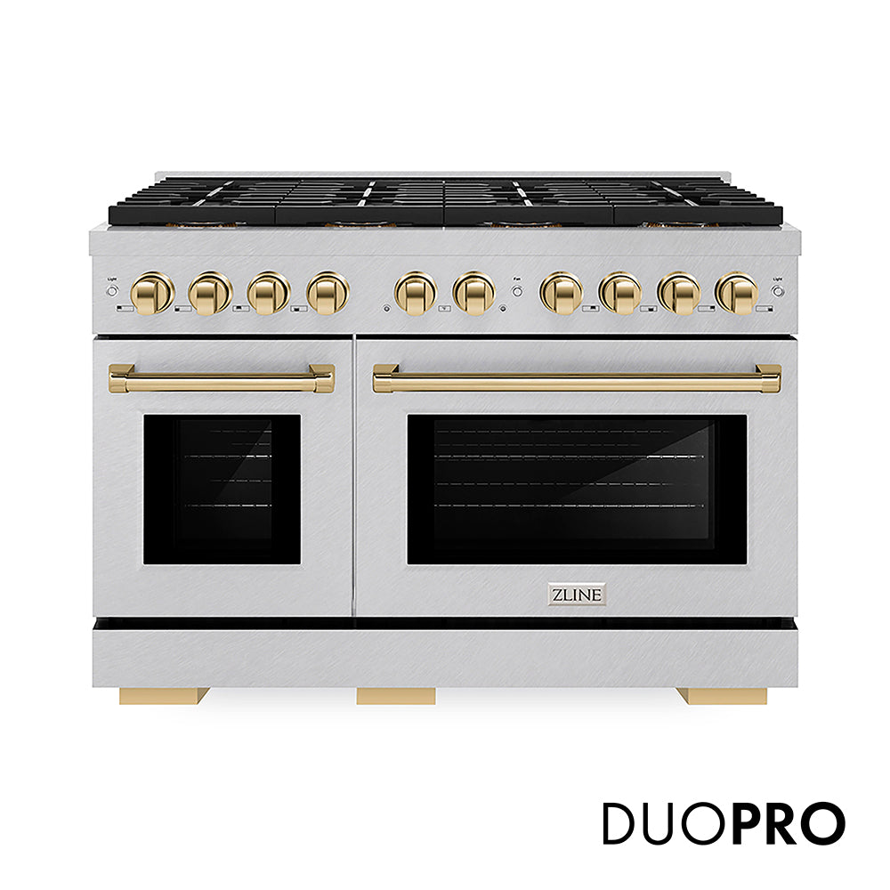 ZLINE Autograph Edition 48 in. 6.7 cu. ft. Paramount Gas Range with 8 Burner DuoPro™ Cooktop and Dual Ovens with White Matte Doors and Matte Black Accents (PSGRZ-WM-48-MB)