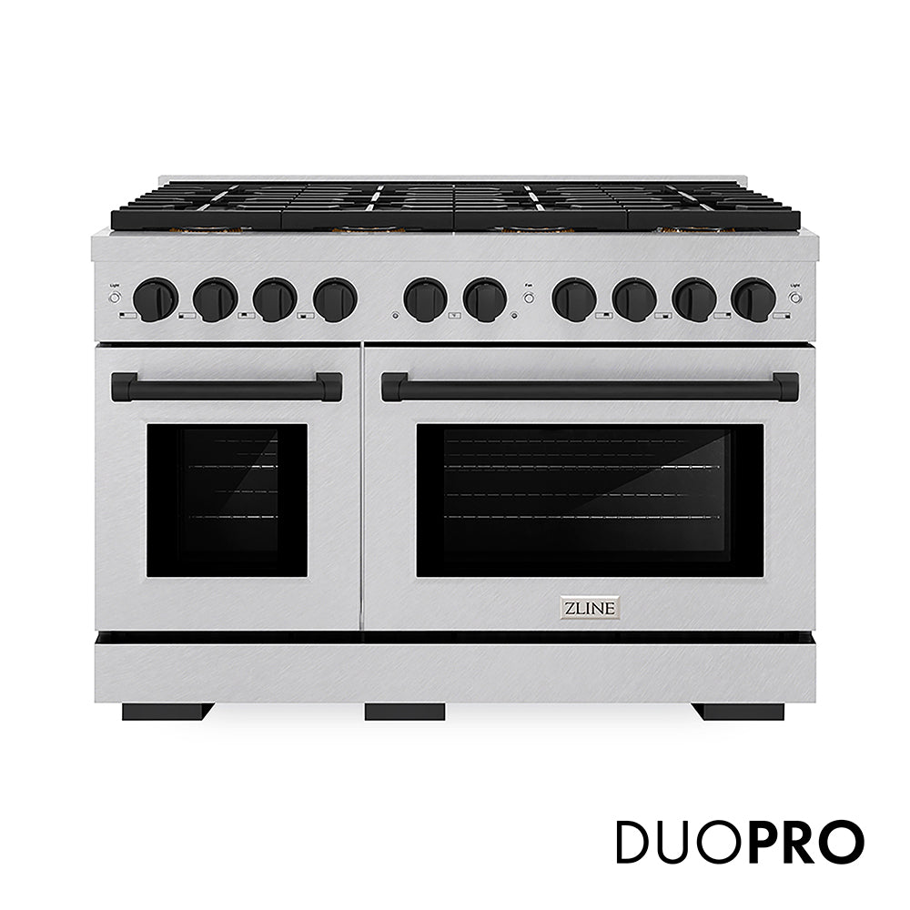 ZLINE Autograph Edition 48 in. 6.7 cu. ft. Paramount Gas Range with 8 Burner DuoPro™ Cooktop and Dual Ovens with White Matte Doors and Matte Black Accents (PSGRZ-WM-48-MB)
