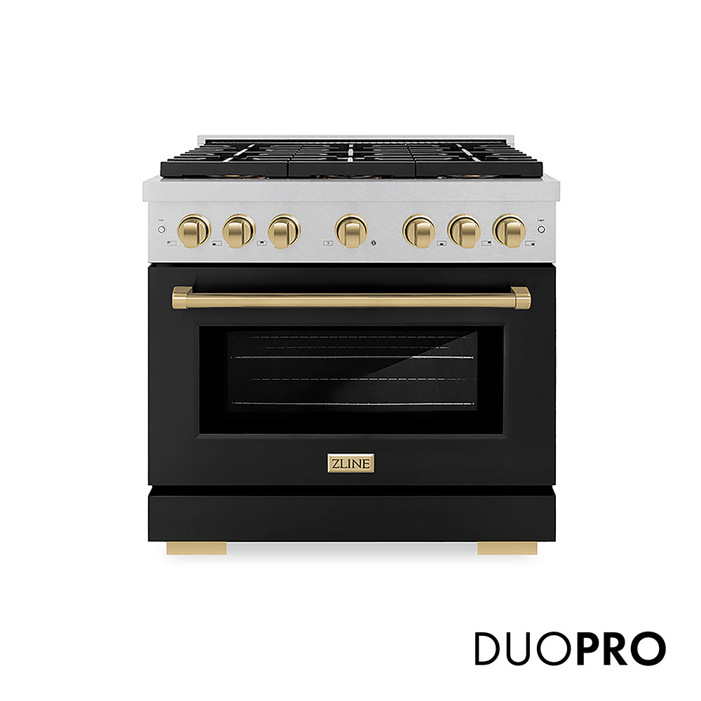 ZLINE Autograph Edition 36 in. 5.2 cu. ft. Paramount Gas Range with 6 Burner DuoPro™ Cooktop and Convection Gas Oven with White Matte Door and Matte Black Accents (PSGRZ-WM-36-MB)