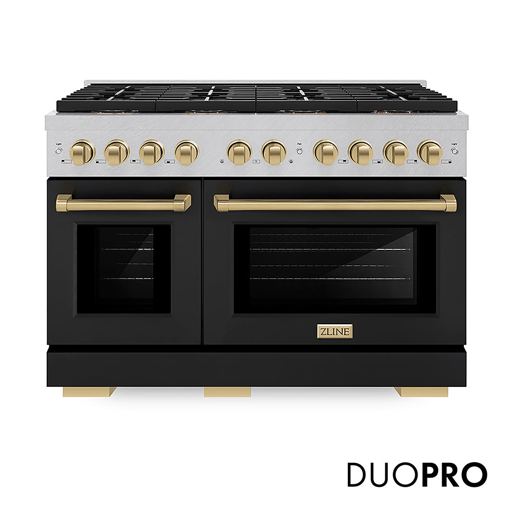 ZLINE Autograph Edition 48 in. 6.7 cu. ft. Paramount Gas Range with 8 Burner DuoPro™ Cooktop and Dual Ovens with White Matte Doors and Matte Black Accents (PSGRZ-WM-48-MB)
