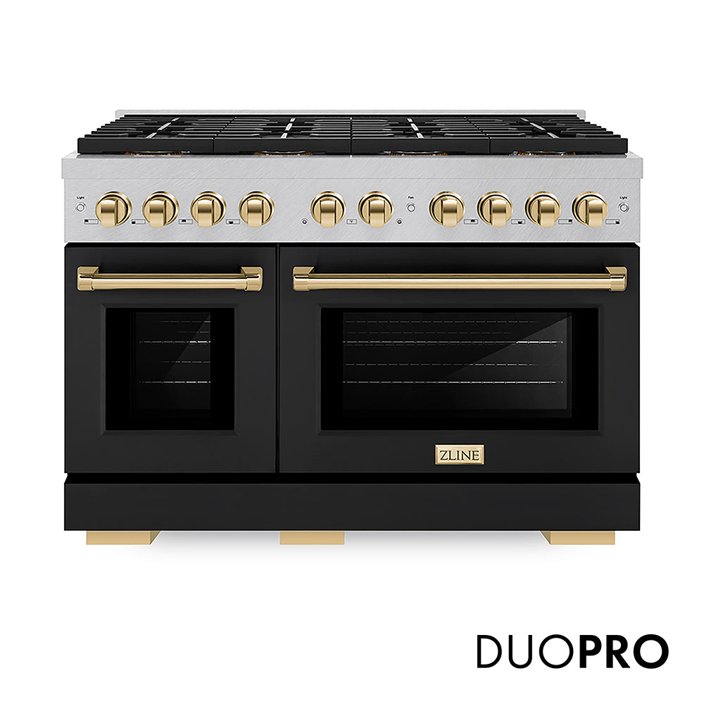 ZLINE Autograph Edition 48 in. 6.7 cu. ft. Paramount Gas Range with 8 Burner DuoPro™ Cooktop and Dual Ovens with White Matte Doors and Matte Black Accents (PSGRZ-WM-48-MB)