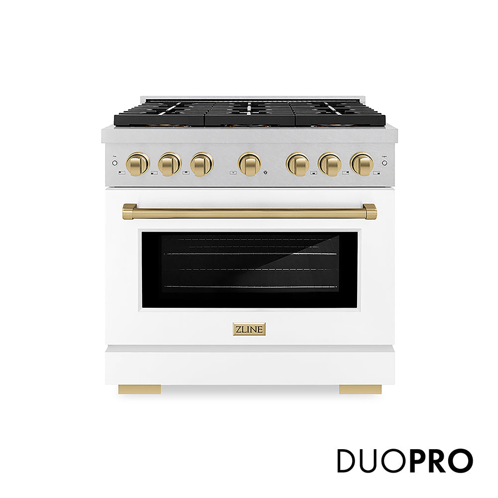 ZLINE Autograph Edition 36 in. 5.2 cu. ft. Paramount Gas Range with 6 Burner DuoPro™ Cooktop and Convection Gas Oven with White Matte Door and Matte Black Accents (PSGRZ-WM-36-MB)