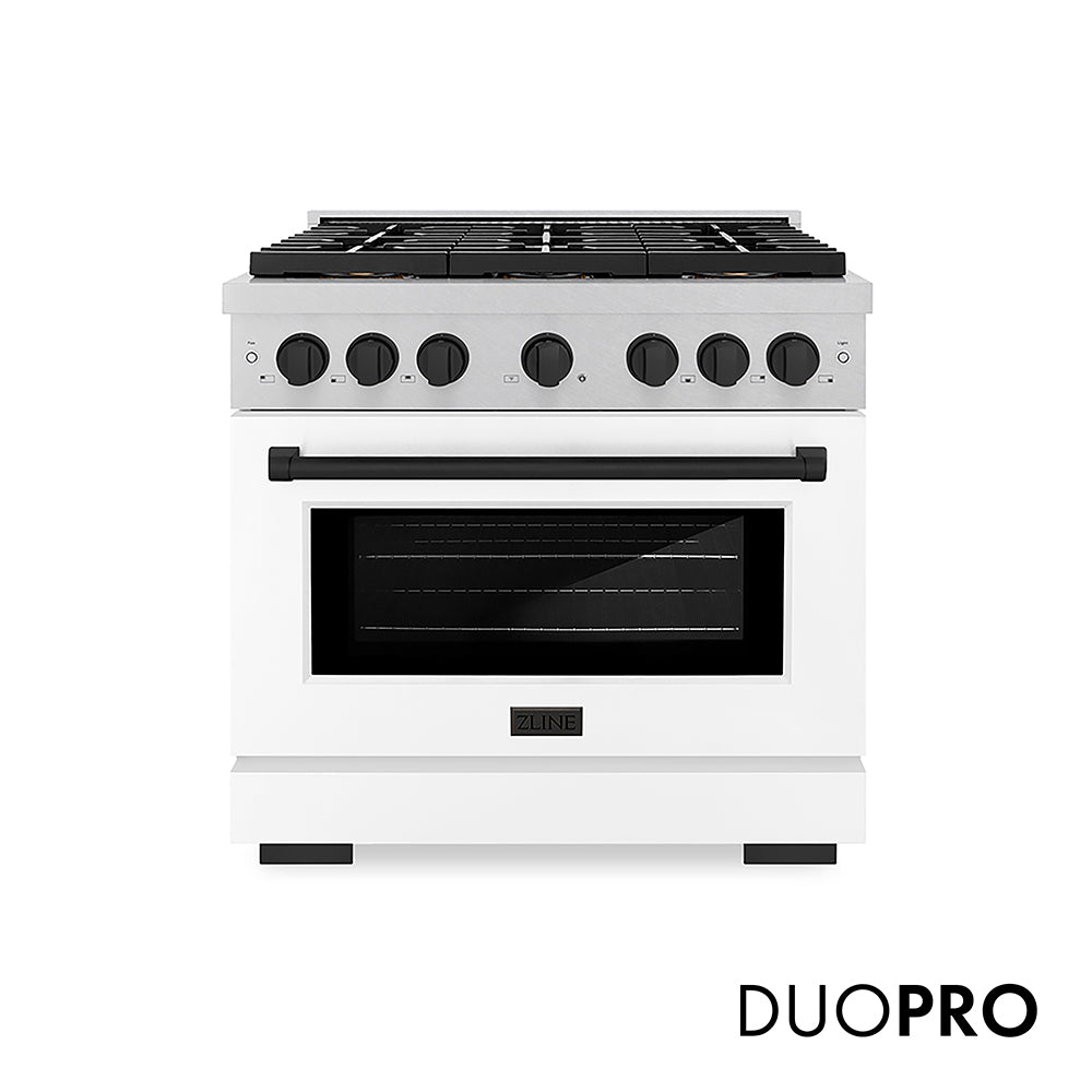 ZLINE Autograph Edition 36 in. 5.2 cu. ft. Paramount Gas Range with 6 Burner DuoPro™ Cooktop and Convection Gas Oven with White Matte Door and Matte Black Accents (PSGRZ-WM-36-MB)