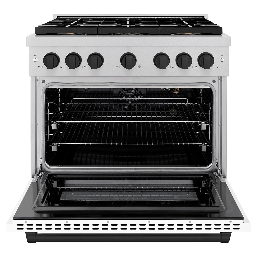 ZLINE Autograph Edition 36 in. 5.2 cu. ft. Paramount Gas Range with 6 Burner DuoPro™ Cooktop and Convection Gas Oven with White Matte Door and Matte Black Accents (PSGRZ-WM-36-MB)