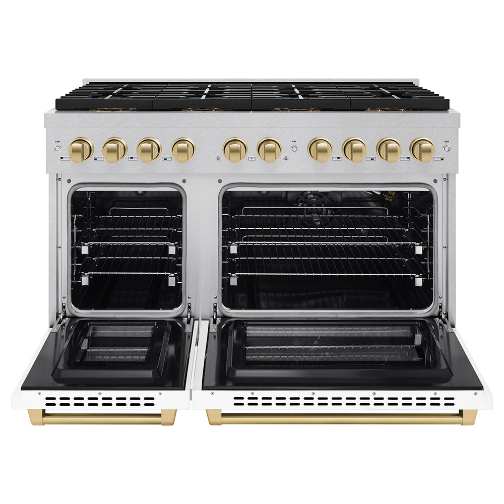 ZLINE Autograph Edition 48 in. 6.7 cu. ft. Paramount Gas Range with 8 Burner DuoPro™ Cooktop and Dual Ovens with White Matte Doors and Matte Black Accents (PSGRZ-WM-48-MB)
