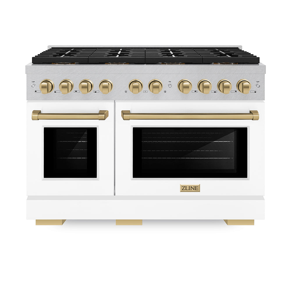 ZLINE Autograph Edition 48 in. 6.7 cu. ft. Paramount Gas Range with 8 Burner DuoPro™ Cooktop and Dual Ovens with White Matte Doors and Matte Black Accents (PSGRZ-WM-48-MB)
