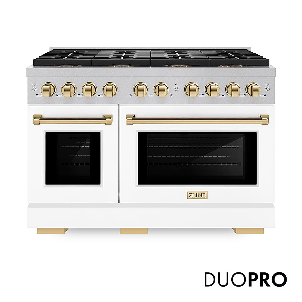 ZLINE Autograph Edition 48 in. 6.7 cu. ft. Paramount Gas Range with 8 Burner DuoPro™ Cooktop and Dual Ovens with White Matte Doors and Matte Black Accents (PSGRZ-WM-48-MB)