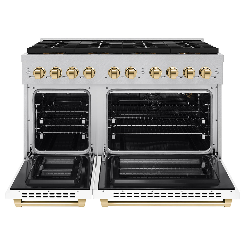 ZLINE Autograph Edition 48 in. 6.7 cu. ft. Paramount Gas Range with 8 Burner DuoPro™ Cooktop and Dual Ovens with White Matte Doors and Matte Black Accents (PSGRZ-WM-48-MB)