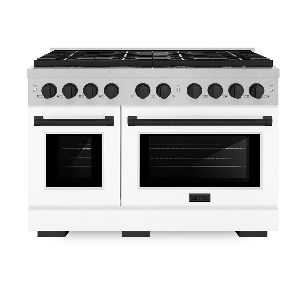 ZLINE Autograph Edition 48 in. 6.7 cu. ft. Paramount Gas Range with 8 Burner DuoPro™ Cooktop and Dual Ovens with White Matte Doors and Matte Black Accents (PSGRZ-WM-48-MB)