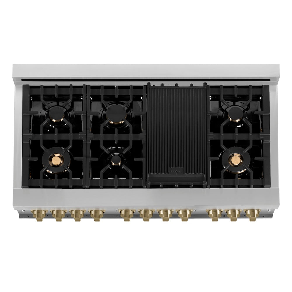 ZLINE Autograph Edition 48 in. 6.0 cu. ft. Legacy Dual Fuel Range with 7 Burner Gas Cooktop and 2 Electric Ovens in Stainless Steel and Champagne Bronze Accents (RAZ-48-CB)