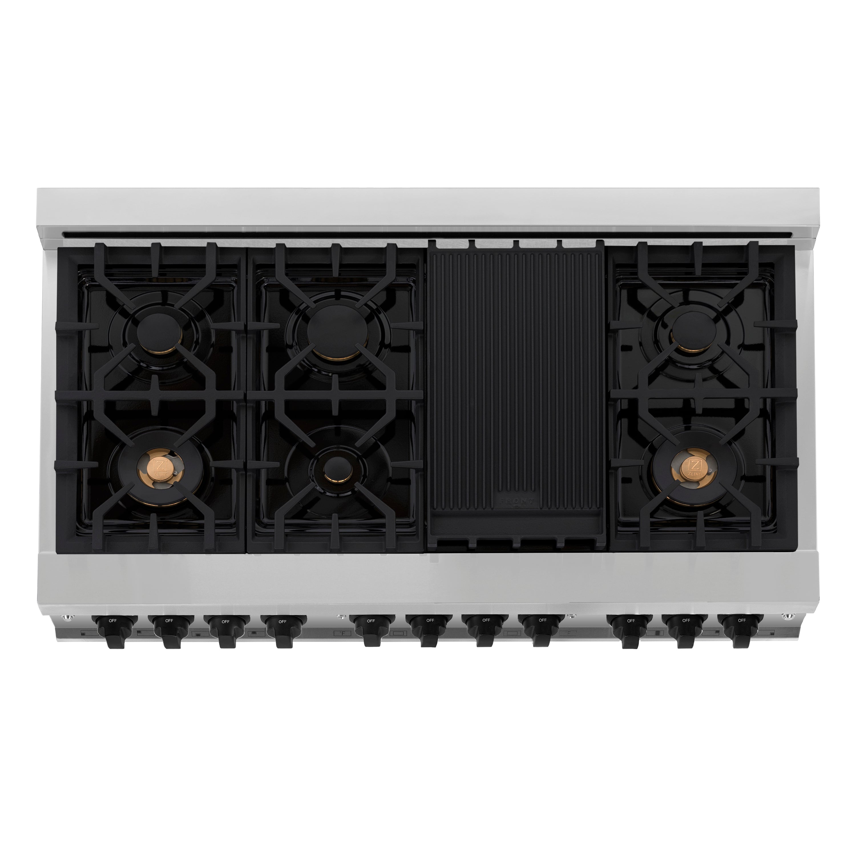 ZLINE Autograph Edition 48 in. 6.0 cu. ft. Legacy Dual Fuel Range with 7 Burner Gas Cooktop and 2 Electric Ovens in Stainless Steel and Champagne Bronze Accents (RAZ-48-CB)