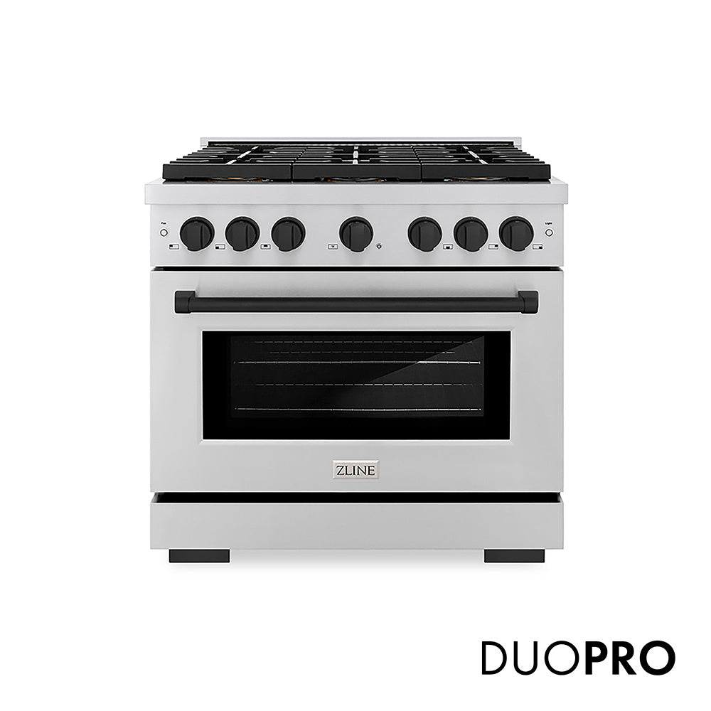 ZLINE Autograph Edition 36 in. 5.2 cu. ft. Paramount Dual Fuel Range with 6 Burner DuoPro™ Cooktop and Electric Convection Oven in Stainless Steel and Matte Black Accents (PSDRZ-36-MB)