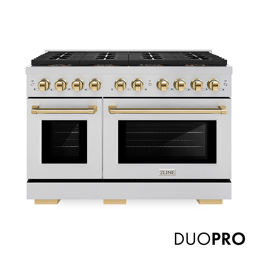 ZLINE Autograph Edition 48 in. 6.7 cu. ft. Paramount Dual Fuel Range with 8 Burner DuoPro™ Cooktop and Dual Ovens in Stainless Steel and Champagne Bronze Accents (PSDRZ-48-CB)