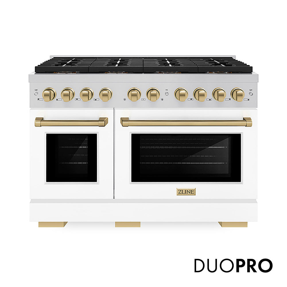 ZLINE Autograph Edition 48 in. 6.7 cu. ft. Paramount Dual Fuel Range with 8 Burner DuoPro™ Cooktop and Dual Ovens in Stainless Steel and Champagne Bronze Accents (PSDRZ-48-CB)