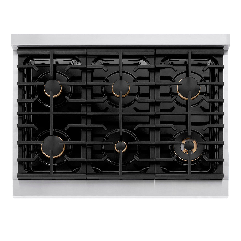 ZLINE Autograph Edition 36 in. 5.2 cu. ft. Paramount Gas Range with 6 Burner Cooktop and Convection Gas Oven in Stainless Steel with Champagne Bronze Helix Handle and Knob Accents (SGRZ-36-KCB)