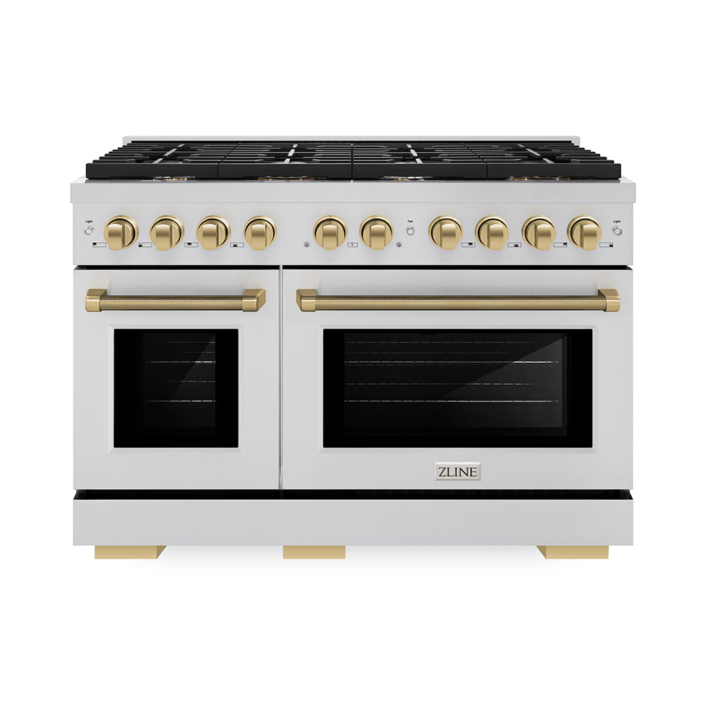 ZLINE Autograph Edition 48 in. 6.7 cu. ft. Paramount Double Oven Gas Range with 8 Burner Cooktop in Stainless Steel and Champagne Bronze Helix Handles and Knob Accents (SGRZ-48-KCB)