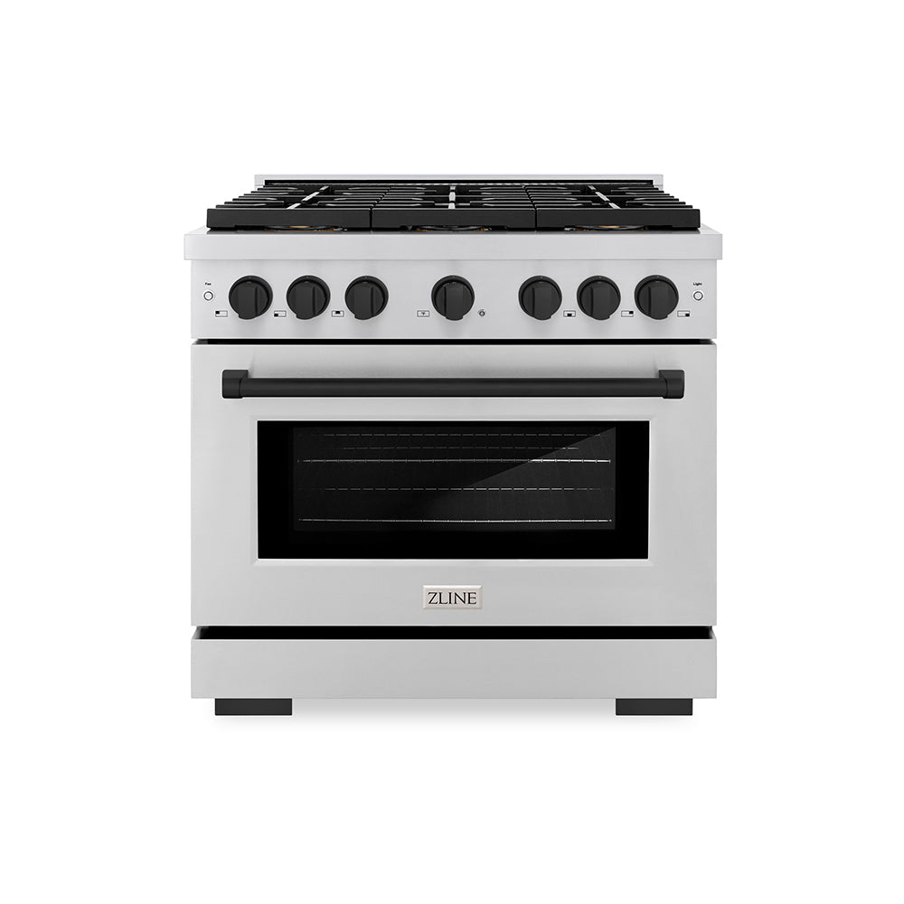 ZLINE Autograph Edition 36 in. 5.2 cu. ft. Paramount Gas Range with 6 Burner DuoPro™ Cooktop and Convection Gas Oven with White Matte Door and Matte Black Accents (PSGRZ-WM-36-MB)