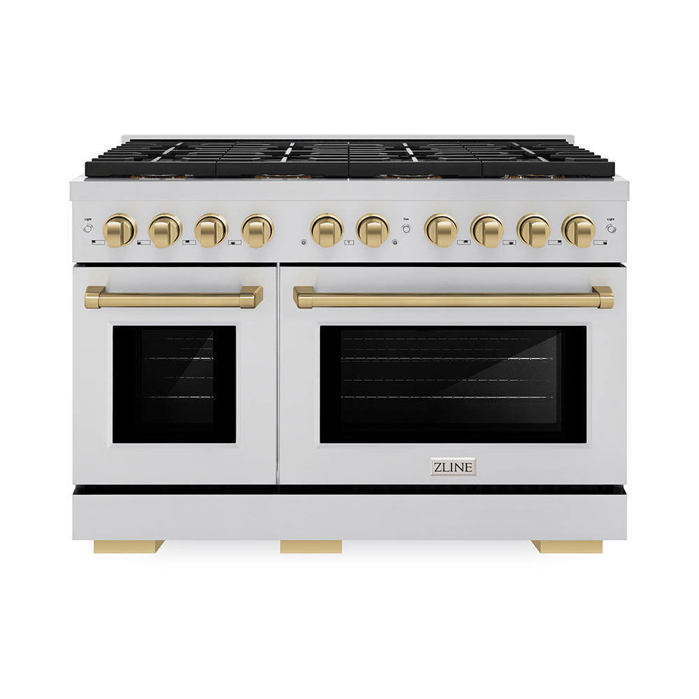 ZLINE Autograph Edition 48 in. 6.7 cu. ft. Paramount Gas Range with 8 Burner DuoPro™ Cooktop and Dual Ovens with White Matte Doors and Matte Black Accents (PSGRZ-WM-48-MB)