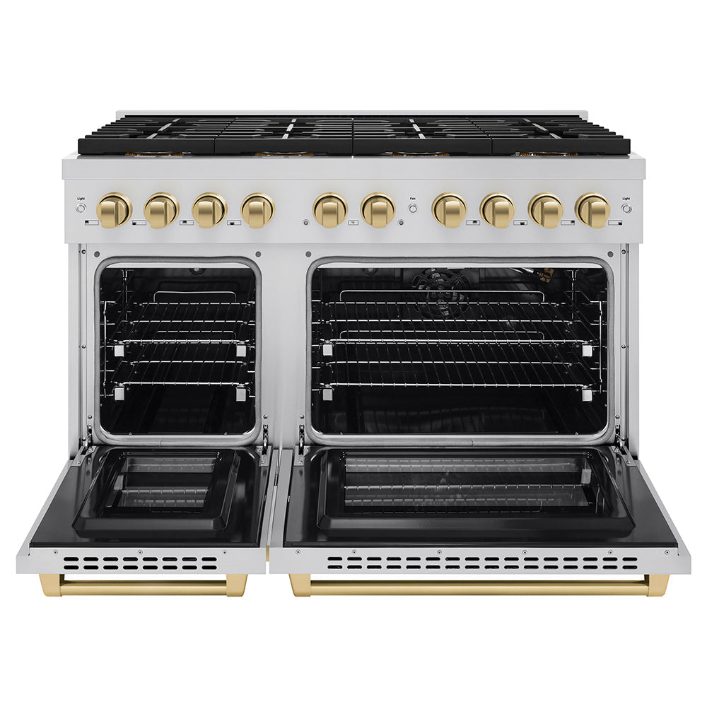 ZLINE Autograph Edition 48 in. 6.7 cu. ft. Paramount Gas Range with 8 Burner DuoPro™ Cooktop and Dual Ovens with White Matte Doors and Matte Black Accents (PSGRZ-WM-48-MB)