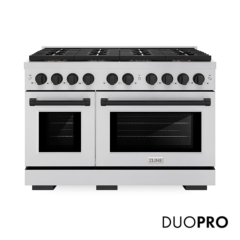 ZLINE Autograph Edition 48 in. 6.7 cu. ft. Paramount Gas Range with 8 Burner DuoPro™ Cooktop and Dual Ovens with White Matte Doors and Matte Black Accents (PSGRZ-WM-48-MB)