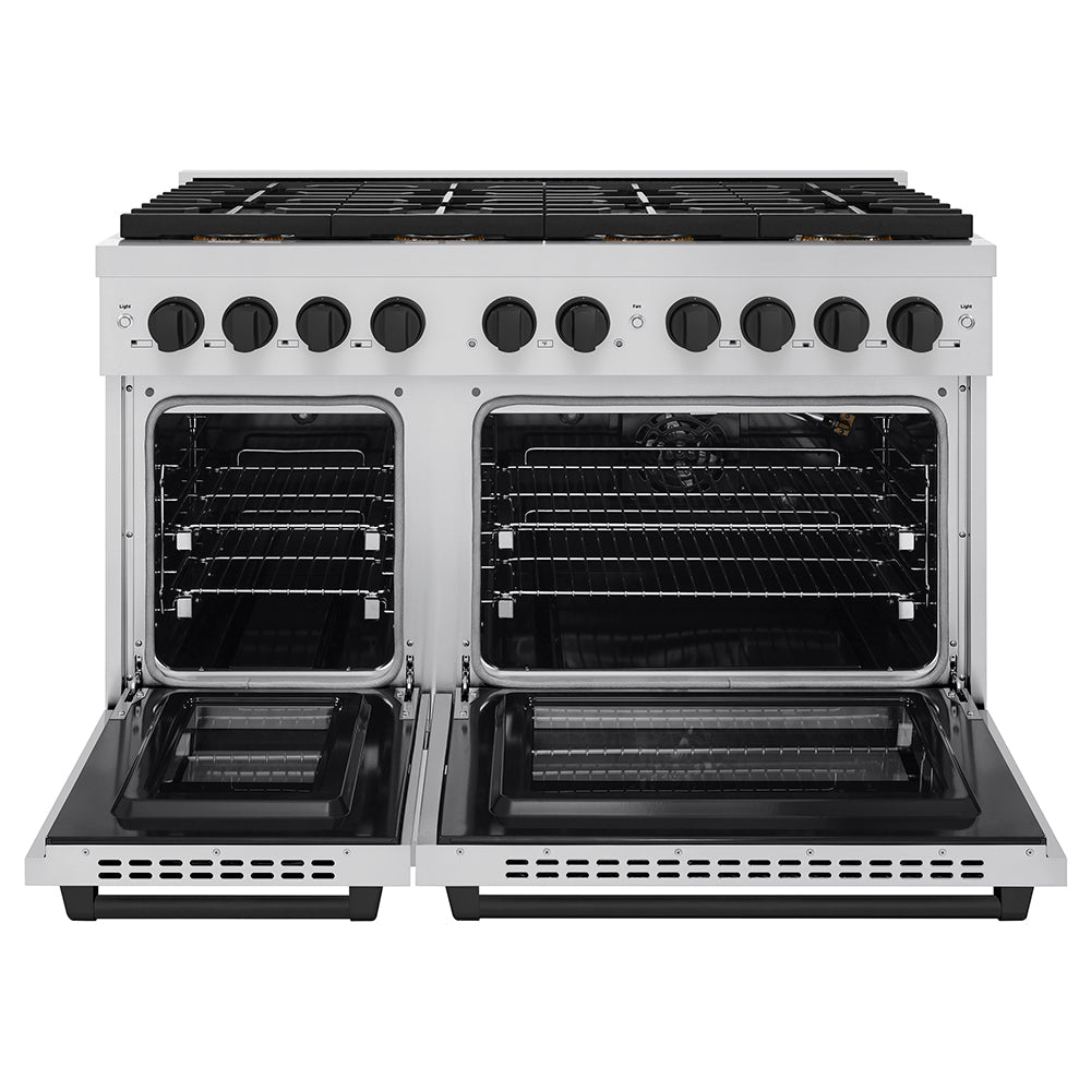 ZLINE Autograph Edition 48 in. 6.7 cu. ft. Paramount Gas Range with 8 Burner DuoPro™ Cooktop and Dual Ovens with White Matte Doors and Matte Black Accents (PSGRZ-WM-48-MB)