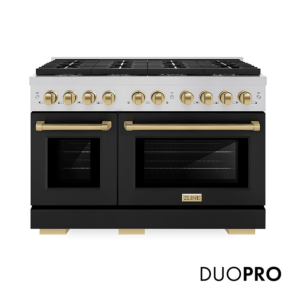 ZLINE Autograph Edition 48 in. 6.7 cu. ft. Paramount Gas Range with 8 Burner DuoPro™ Cooktop and Dual Ovens with White Matte Doors and Matte Black Accents (PSGRZ-WM-48-MB)