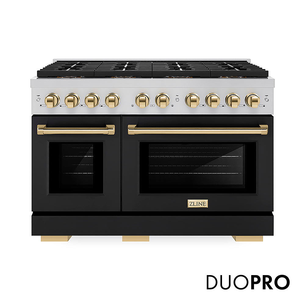 ZLINE Autograph Edition 48 in. 6.7 cu. ft. Paramount Gas Range with 8 Burner DuoPro™ Cooktop and Dual Ovens with White Matte Doors and Matte Black Accents (PSGRZ-WM-48-MB)