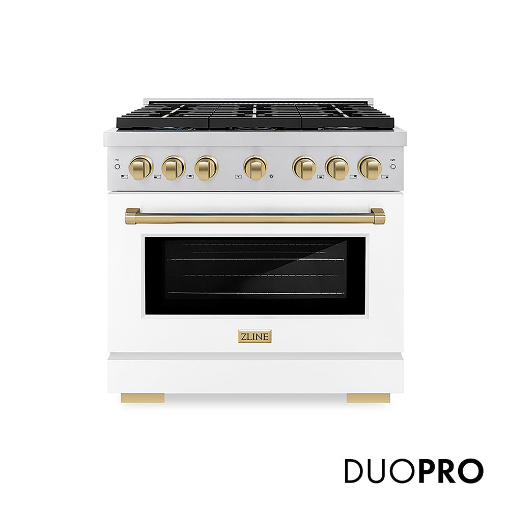 ZLINE Autograph Edition 36 in. 5.2 cu. ft. Paramount Gas Range with 6 Burner DuoPro™ Cooktop and Convection Gas Oven with White Matte Door and Matte Black Accents (PSGRZ-WM-36-MB)
