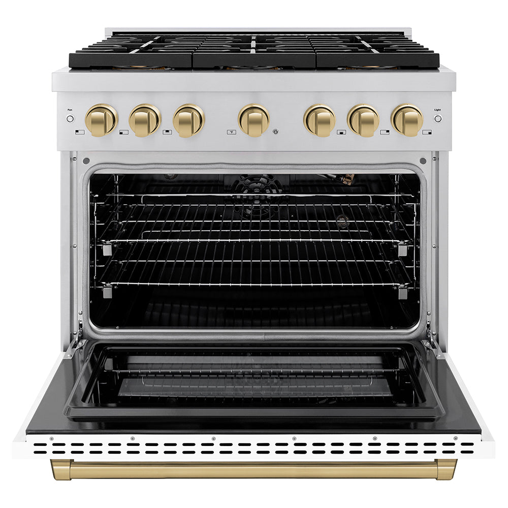 ZLINE Autograph Edition 36 in. 5.2 cu. ft. Paramount Gas Range with 6 Burner DuoPro™ Cooktop and Convection Gas Oven with White Matte Door and Matte Black Accents (PSGRZ-WM-36-MB)