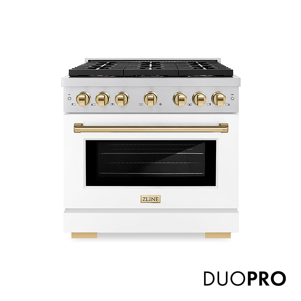 ZLINE Autograph Edition 36 in. 5.2 cu. ft. Paramount Gas Range with 6 Burner DuoPro™ Cooktop and Convection Gas Oven with White Matte Door and Matte Black Accents (PSGRZ-WM-36-MB)