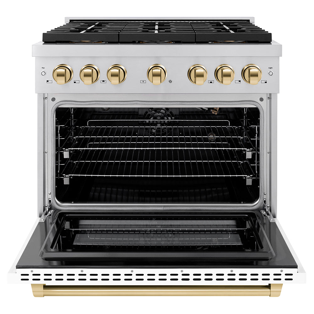 ZLINE Autograph Edition 36 in. 5.2 cu. ft. Paramount Gas Range with 6 Burner DuoPro™ Cooktop and Convection Gas Oven with White Matte Door and Matte Black Accents (PSGRZ-WM-36-MB)