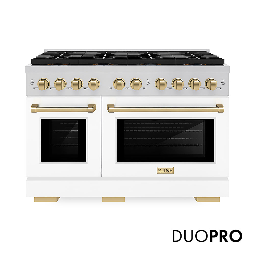 ZLINE Autograph Edition 48 in. 6.7 cu. ft. Paramount Gas Range with 8 Burner DuoPro™ Cooktop and Dual Ovens with White Matte Doors and Matte Black Accents (PSGRZ-WM-48-MB)