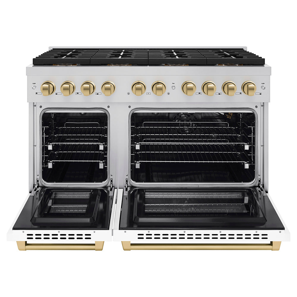 ZLINE Autograph Edition 48 in. 6.7 cu. ft. Paramount Gas Range with 8 Burner DuoPro™ Cooktop and Dual Ovens with White Matte Doors and Matte Black Accents (PSGRZ-WM-48-MB)