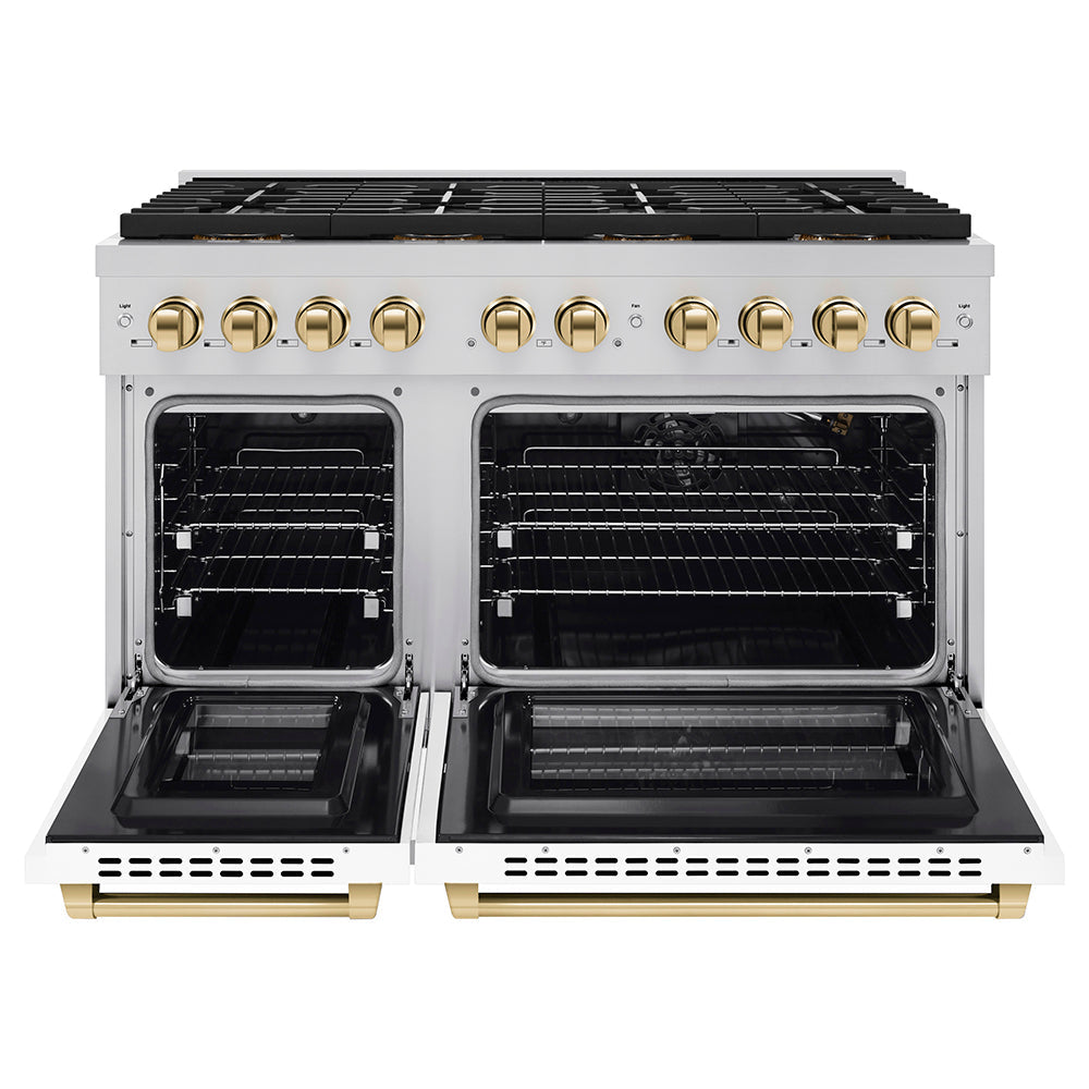 ZLINE Autograph Edition 48 in. 6.7 cu. ft. Paramount Gas Range with 8 Burner DuoPro™ Cooktop and Dual Ovens with White Matte Doors and Matte Black Accents (PSGRZ-WM-48-MB)