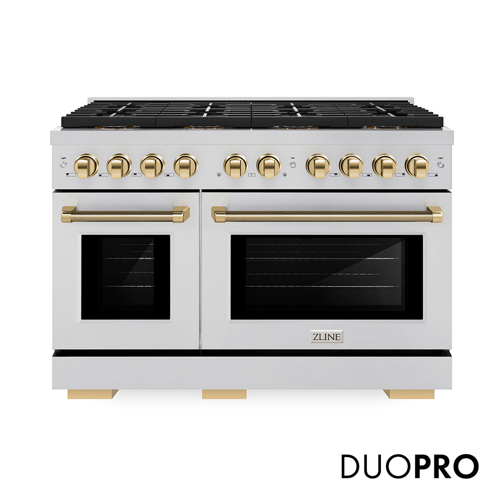 ZLINE Autograph Edition 48 in. 6.7 cu. ft. Paramount Gas Range with 8 Burner DuoPro™ Cooktop and Dual Ovens with White Matte Doors and Matte Black Accents (PSGRZ-WM-48-MB)