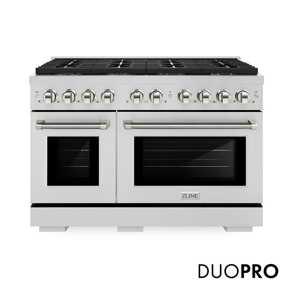 ZLINE Autograph Edition 48 in. 6.7 cu. ft. Paramount Gas Range with 8 Burner DuoPro™ Cooktop and Dual Ovens with White Matte Doors and Matte Black Accents (PSGRZ-WM-48-MB)