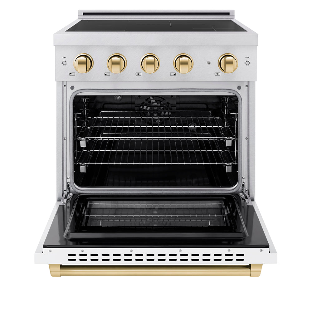 ZLINE Autograph Edition 30 in. 4.2 cu. ft. Paramount Induction Range with 4 Element Cooktop and Electric Convection Oven in Stainless Steel with White Matte Door and Polished Gold Accents (SINRZ-WM-30-G)