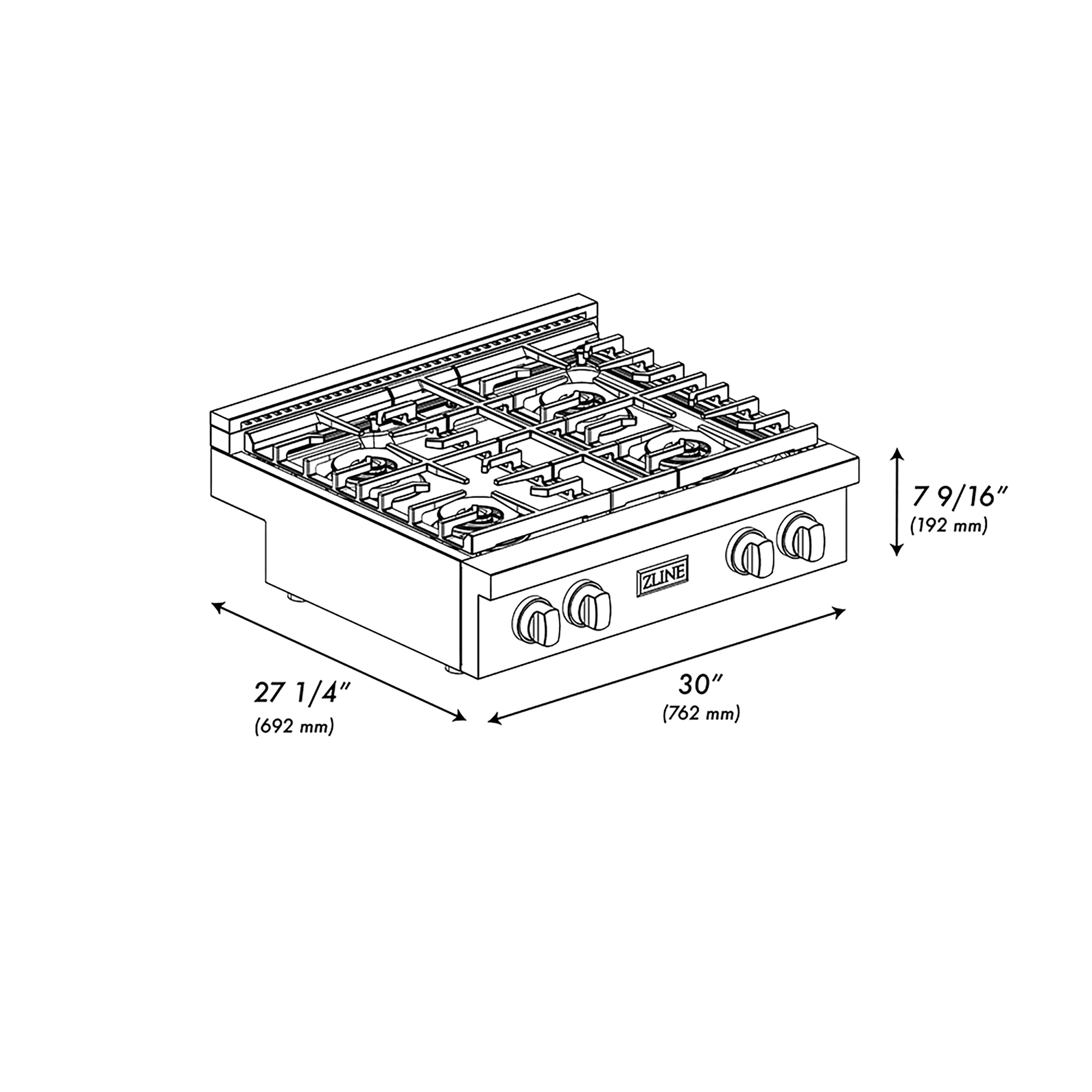 ZLINE 30 in. Paramount Gas Rangetop with 4 Burner DuoPro™ Cooktop in Stainless Steel (PSRT30)