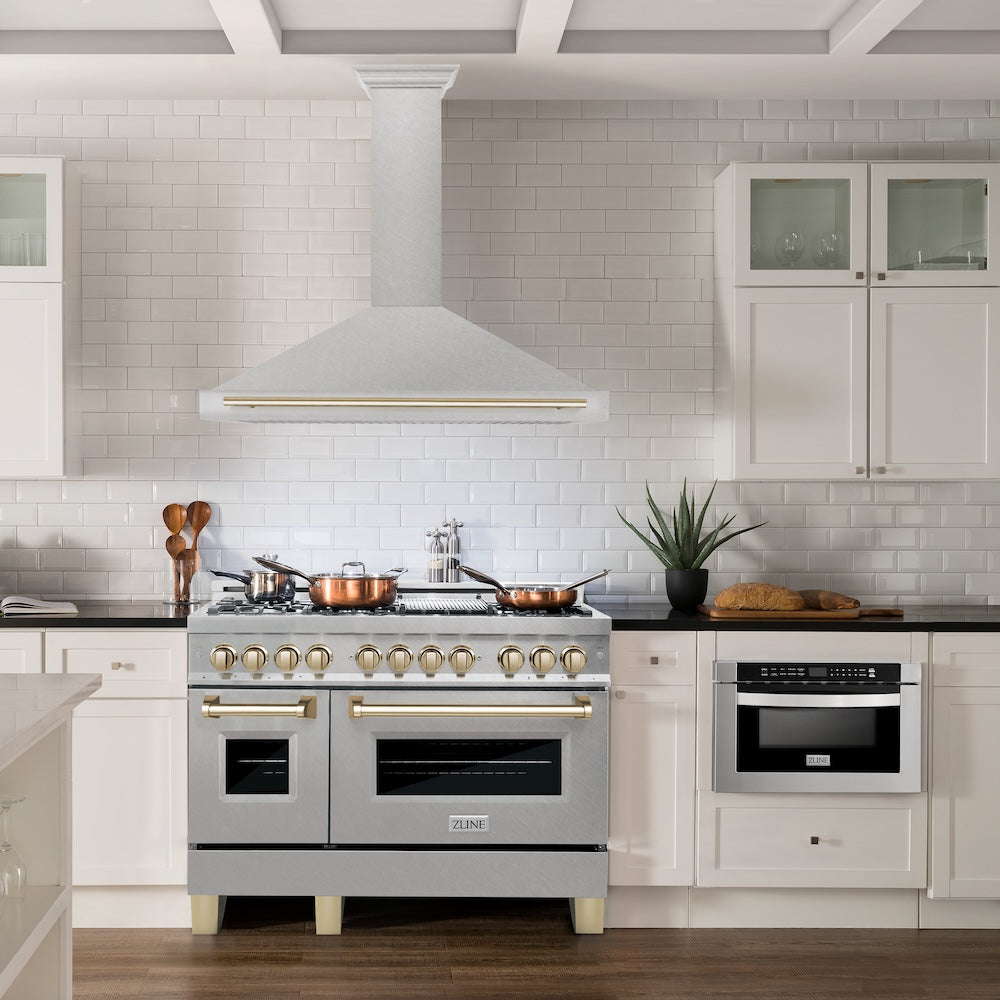 ZLINE Autograph Edition 48 in. Convertible Satin Stainless Steel Wall Mount Range Hood with Polished Gold Handle (KB4SNZ-48-G)