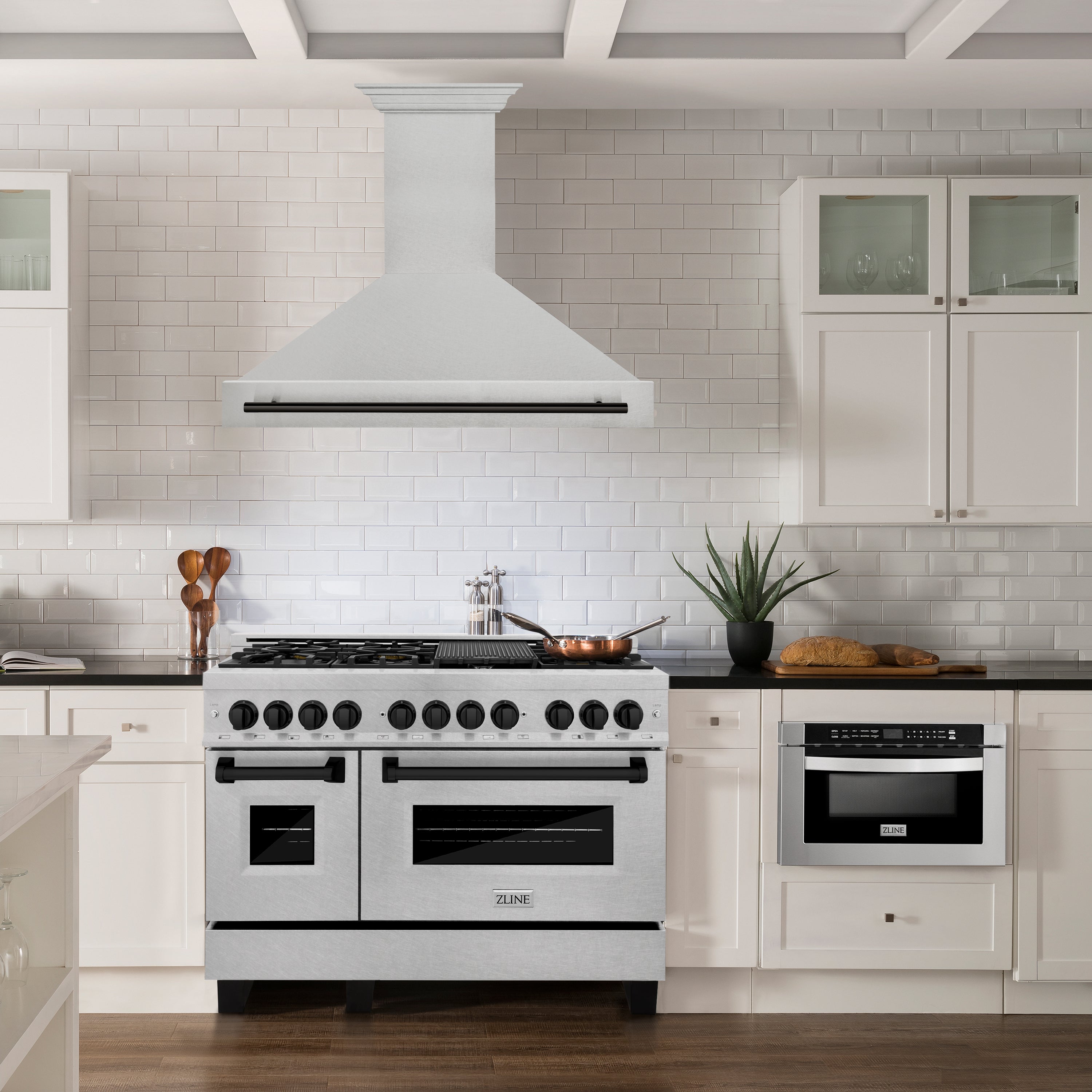 ZLINE Autograph Edition 48 in. Satin Stainless Steel Wall Mount Range Hood with Matte Black Handle (8654SNZ-48-MB)