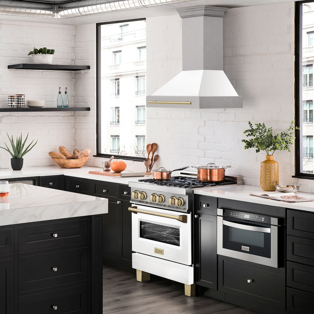 ZLINE Autograph Edition 30 in. Satin Stainless Steel Wall Mount Range Hood with White Matte Shell and Polished Gold Handle (8654SNZ-WM30-G)