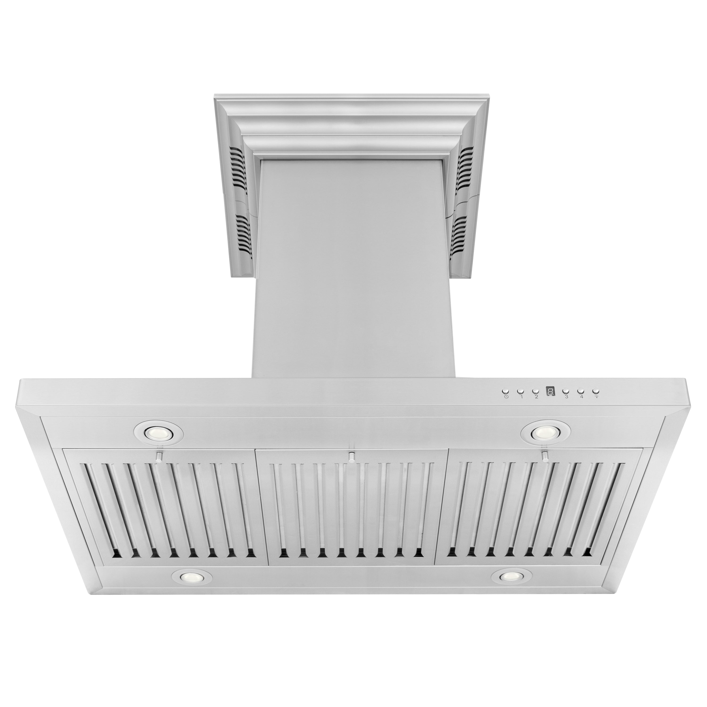 36" ZLINE CrownSoundâ¢Ducted Vent Island Mount Range Hood in Stainless Steel with Built-in Bluetooth Speakers (GL2iCRN-BT-36)
