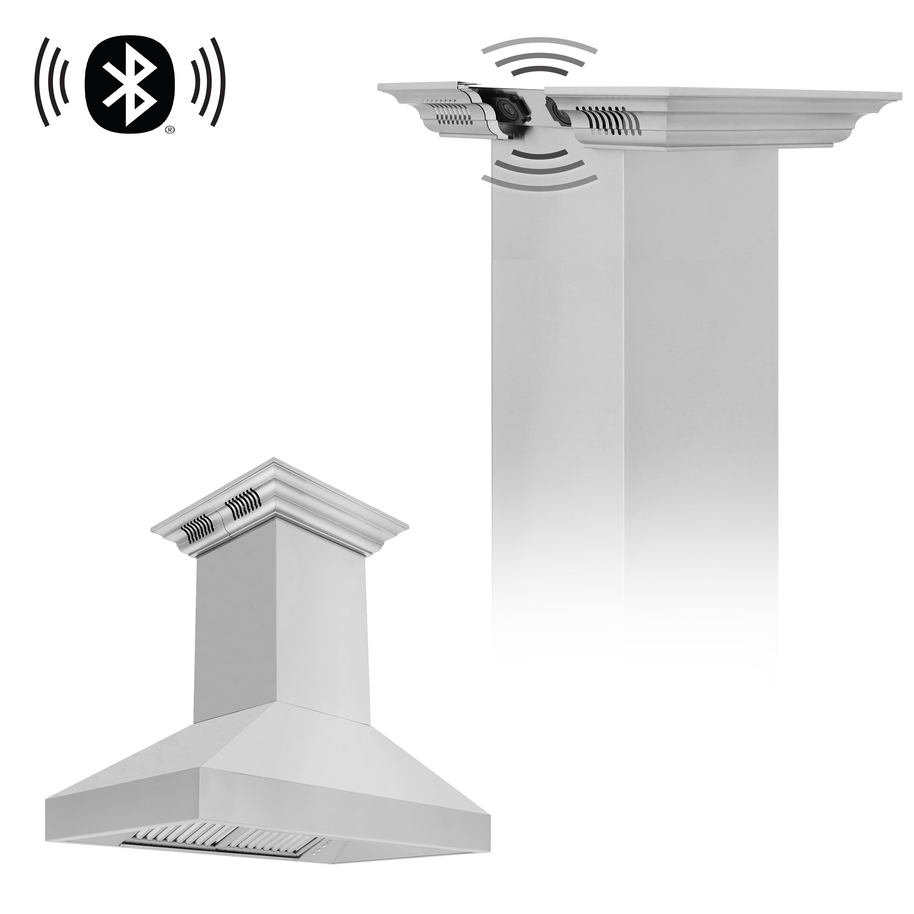 36 in. ZLINE CrownSound⢠Ducted Vent Island Mount Range Hood in Stainless Steel with Built-in Bluetooth Speakers (597iCRN-BT-36)