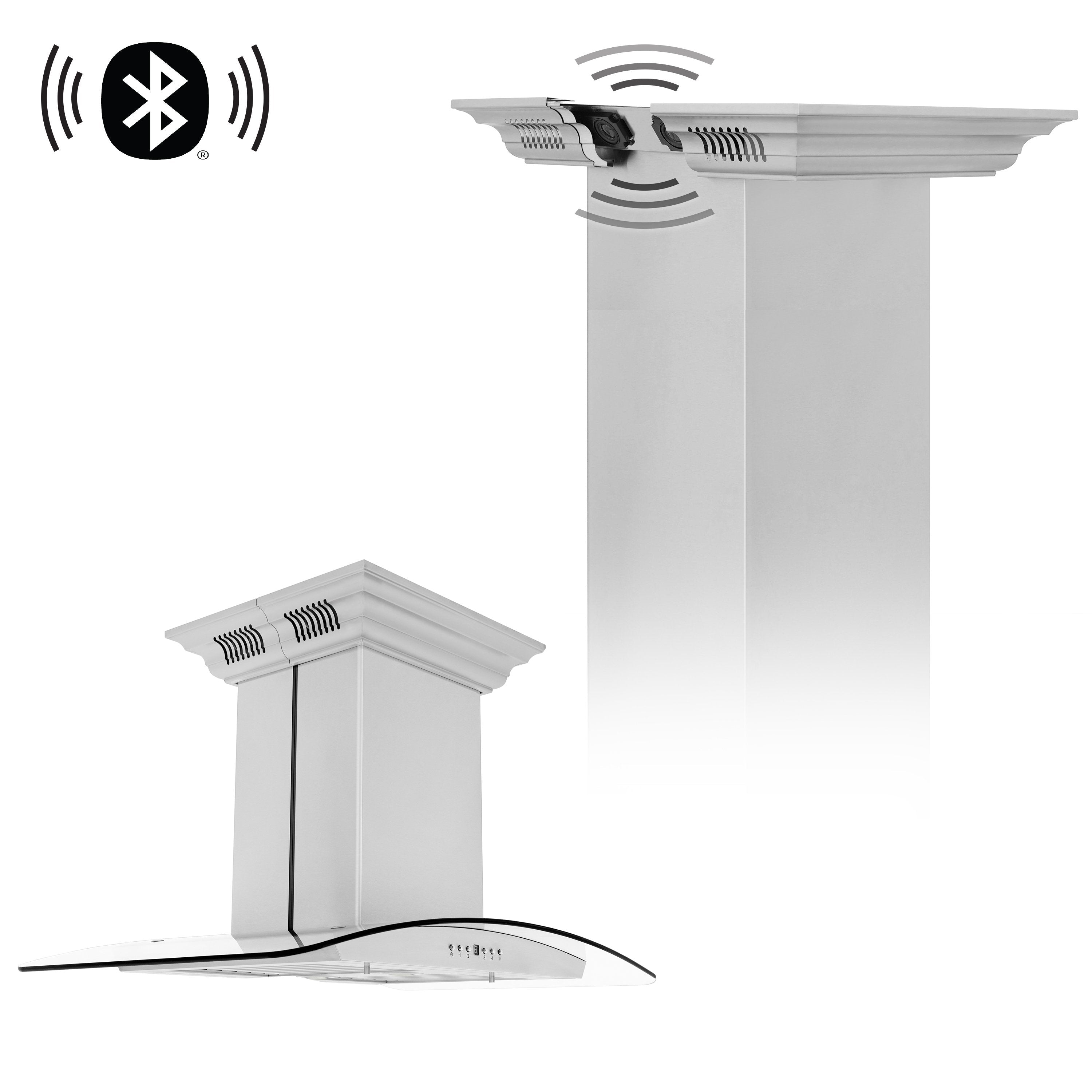36" ZLINE CrownSoundâ¢Ducted Vent Island Mount Range Hood in Stainless Steel with Built-in Bluetooth Speakers (GL5iCRN-BT-36)